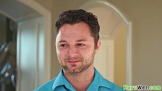 Sensual big tit teen masseuse gives a nice soapy handjob before nuru slippery sex massage