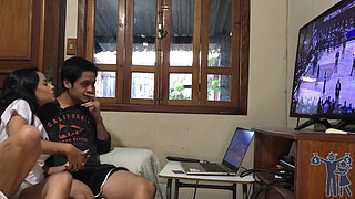 The wife wants to fuck and the husband wants to watch the game, but he manages to fuck without a condom with his big cock.