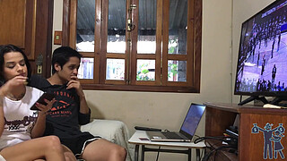 The wife wants to fuck and the husband wants to watch the game, but he manages to fuck without a condom with his big cock.