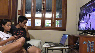 The wife wants to fuck and the husband wants to watch the game, but he manages to fuck without a condom with his big cock.