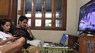 The wife wants to fuck and the husband wants to watch the game, but he manages to fuck without a condom with his big cock.