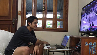 The wife wants to fuck and the husband wants to watch the game, but he manages to fuck without a condom with his big cock.