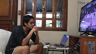 The wife wants to fuck and the husband wants to watch the game, but he manages to fuck without a condom with his big cock.