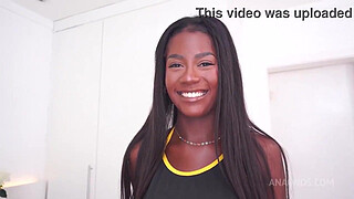 20 years Brazilian tall ebony beauty with perfect breasts, Jenny Pretinha gets fucked 2 white cocks (DAP, Anal, farting, ...