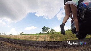 Slut in a short skirt and no panties, opening the trunk of the car on the highway, Thay Ksada