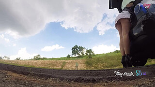 Slut in a short skirt and no panties, opening the trunk of the car on the highway, Thay Ksada