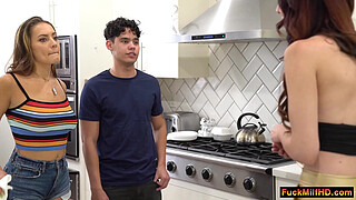 Naughty boyfriend started sucking my tits while I was washing dishes, when his stepmom caught us, but the slut just wants some fun, in the end we ended up having threesome sex in the living room