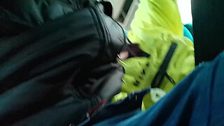 Blowjob and fucking with creampie in public service bus