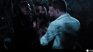 Busty Chick Freezes In Time And Gets Fucked By Three Dudes In The Forest