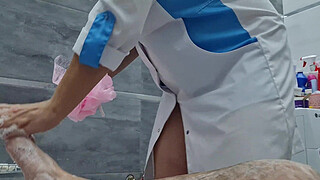 Stepmom cme in to wash her naked stepson, she ignores his big dick, he is very excited and wants to jerk off, she flashes her big tits and starts masturbating