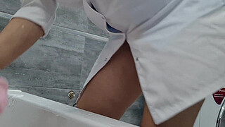 Stepmom cme in to wash her naked stepson, she ignores his big dick, he is very excited and wants to jerk off, she flashes her big tits and starts masturbating