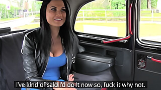 Fake Taxi - The Girl In The Blue Dress - Horny brunette business woman in her 30s with big tits cums hard on cabbies cock