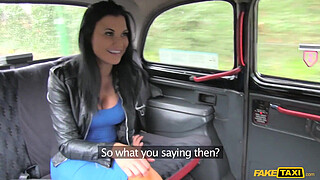 Fake Taxi - The Girl In The Blue Dress - Horny brunette business woman in her 30s with big tits cums hard on cabbies cock