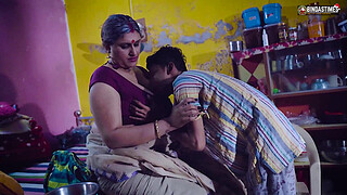 Desi Indian step Grandmother takes the rush of her son's dick in her mouth and teaches him to fuck