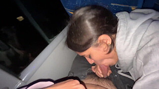 I suck an unknown passenger on a real bus and he cums in my mouth