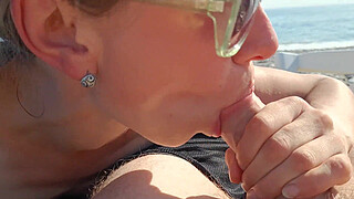 Risky public blowjob on the beach with cum swallow