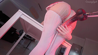 Huge Monster Cock cumming non-stop in a cute girl in white stockings. Creampie overflow
