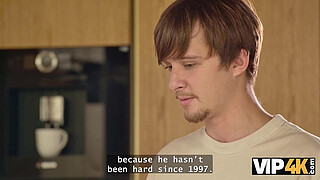 VIP4K. Hot Una Fairy with natural tits sucked her BF's cock and then fucked his old man