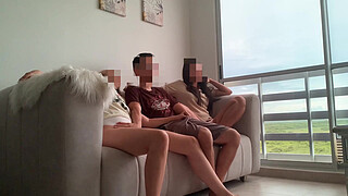 We are bored watching TV so my two stepsisters masturbate me and we have sex