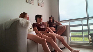 We are bored watching TV so my two stepsisters masturbate me and we have sex