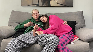 Step Brother Watch Porn and Jerk Off Next To Step Sister! But She Decide Handjob Him Instead Reading Boring Book