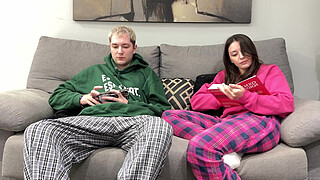 Step Brother Watch Porn and Jerk Off Next To Step Sister! But She Decide Handjob Him Instead Reading Boring Book