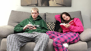 Step Brother Watch Porn and Jerk Off Next To Step Sister! But She Decide Handjob Him Instead Reading Boring Book