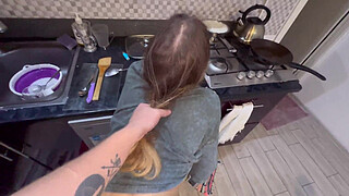 Dormmate-girl gets cum in mouth and hair while there is no one in the kitchen except us