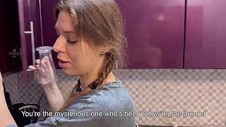 Dormmate-girl gets cum in mouth and hair while there is no one in the kitchen except us