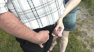 Random man pees. My slut wife saw random man on street who wanted to pee. Wife came up to him, unzipped pants and held his peeing dick in fingers. Naked men dressed women. Public. Outdoor. Outside. MILF. Beauty. Short skirt. Handjob. Fingering. In public