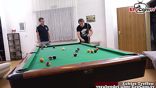 German curvy natural tits girl with short hair tries first MMF threesome