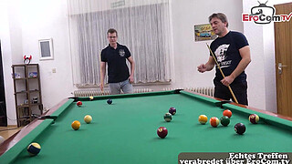 German curvy natural tits girl with short hair tries first MMF threesome