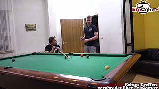 German curvy natural tits girl with short hair tries first MMF threesome