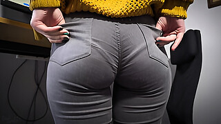Hot Secretary In Tight Jeans Teases Ass With Visible Panty Line