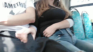 An unknown girl grabs my cock on the bus. Public flash dick