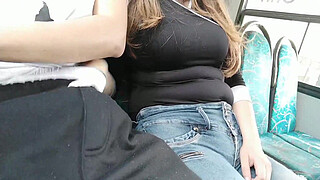 An unknown girl grabs my cock on the bus. Public flash dick