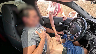 Dick Flash! I jerk off in the car and an unknown girl passing by helps me finish cumming in public