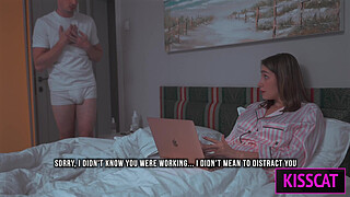 Step son distract step mom from work, so she helps cum with hand job in share bed, but get fuck