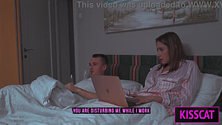 Step son distract step mom from work, so she helps cum with hand job in share bed, but get fuck