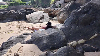 Suddenly a Stranger sneaks up and starts Touching Milf`s hairy Pussy on the Beach