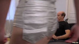 Hottie get hardcore fucked by grandpa on the couch and she swallows his jizz