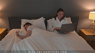 Step mom helps to cum step son in share bed with hand job and tight pussy, but can't...