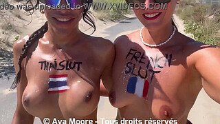 BUKKAKE JUICE OLYMPICS: French Slut vs Thaï Slut! Who will empty the most strangers on the beach to win the gold medal?