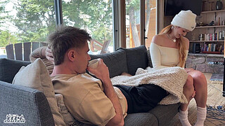 Sneaky log cabin hookup with big titty red head