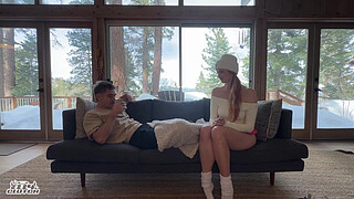 Sneaky log cabin hookup with big titty red head