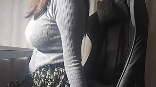 A busty girl gets hot down there while studying and can't help but do something pleasurable