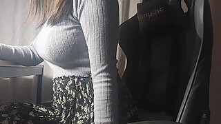 A busty girl gets hot down there while studying and can't help but do something pleasurable