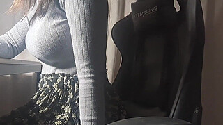 A busty girl gets hot down there while studying and can't help but do something pleasurable