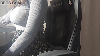 A busty girl gets hot down there while studying and can't help but do something pleasurable