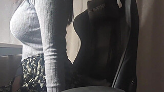 A busty girl gets hot down there while studying and can't help but do something pleasurable